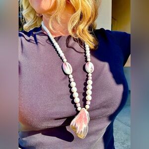Vintage Abstract Long Beaded White, Pink and Gold Necklace
